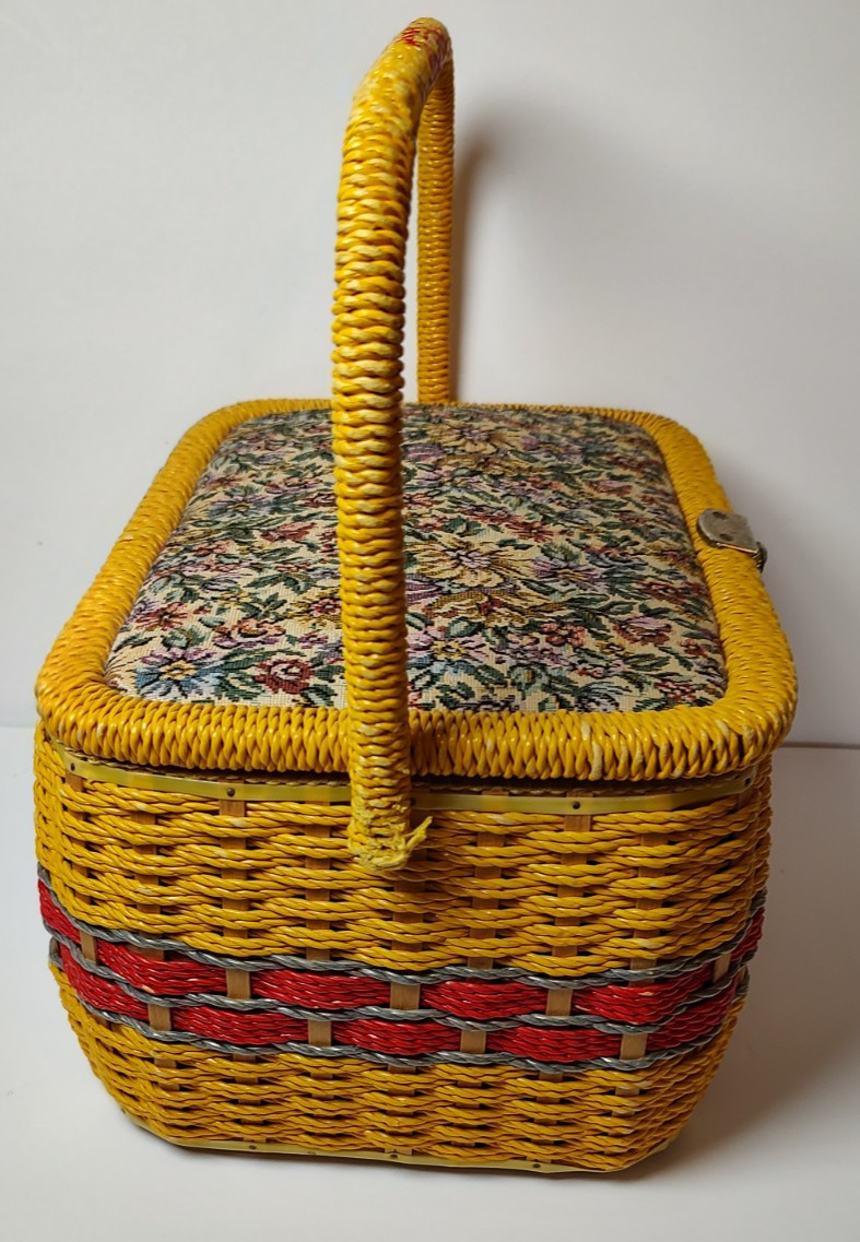Vintage Woven Wicker Sewing Basket Box With Tapestry Floral Hinged Lid with Misc