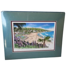 Jim Krogle 1993 Print Laguna Beach Main CA Signed Matted 14x11 Blue/green border