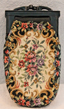 Vintage Floral Tapestry Coin Purse Black Lucite Frame Made in Hong Kong No 3013