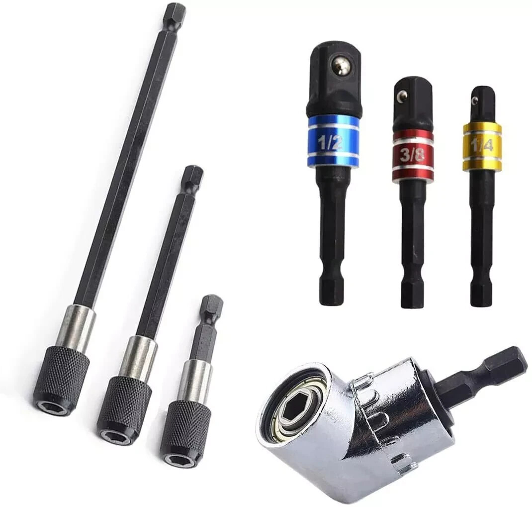 7Pc 105&deg; Right Angle Drill Driver Set Socket Bit Extension Bar Hex Shank Adapter