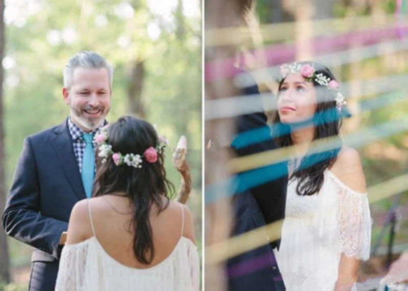 White Ivory Bohemian Beach Wedding Dress Soft Lace Empire Spaghetti Bridal Gowns - Image 3 of 4