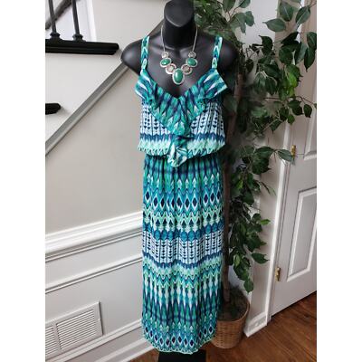 Faded Glory Long Maxi Dress Women 2X Green & Blue Ruffle Strap V-Neck  Sleeveless | eBay