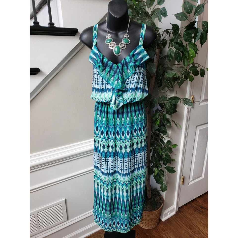 Maxi Vestido Largo Desteñido Glory Mujer 2X Verde y Azul Volantes Correa Cuello en V Sin Mangas Foto 2 de 4