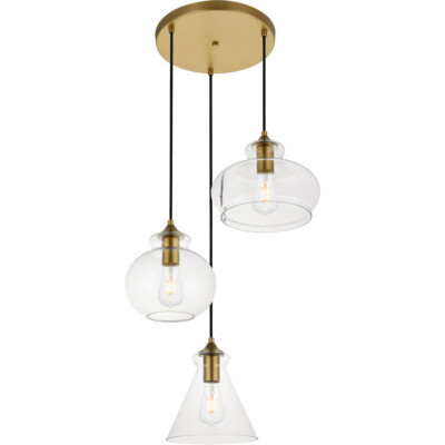 CLEAR GLASS FOYER DINING ROOM KITCHEN ISLAND BRASS PENDANT CHANDELIER 3 LIGHT
