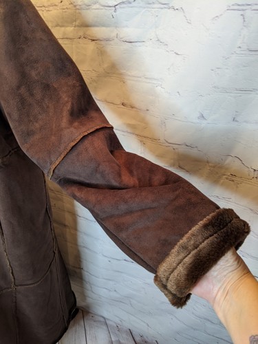 Centigrade Washable Brown Suede Fur Lined Womens Long Button Up Coat Sz M - Picture 8 of 12