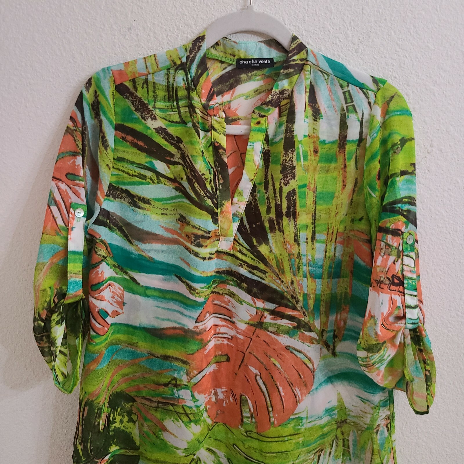 Cha Cha Vente Green Multi-Colored Split Neck 3/4 … - image 3