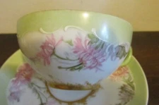 Unmarked Hand Painted Cup And Saucer Chrysanthemum Gold Signed