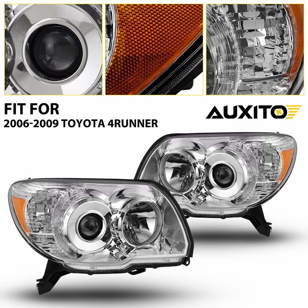 For 2006-2009 Toyota 4Runner Clear Lens Chrome Headlights Pair Amber Reflector P