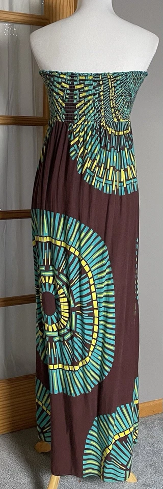 Maxi Vestido Doble Cero Sin Tirantes Talla M Marrón Azul Abstracto Calado Hecho en EE. UU. Foto 4 de 4
