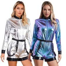 Women's Shiny Astronaut Costumes Long Sleeves Bodysuits Rompers with Waist Belt