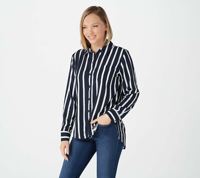 Rachel Hollis Ltd. Striped Button Front Shirt - Navy (Reg 10) a374143 -