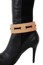 Women Boot Silver Metal Chain Bracelet Shoe Casual Look Beige Band Fabric Black