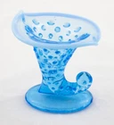 Vtg. Fenton Blue & Opalescent Glass Hobnail Cornucopia Taper Candle Holder