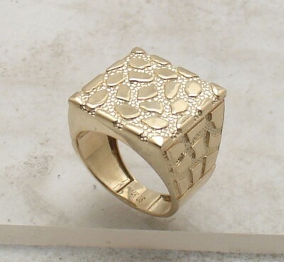 Size 10 Men's Bold Square Nugget Style Pinky Ring Real Solid 14K