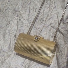 Antique Gold Metallic Metal Evening Clutch with Chain Strap and Secure Clasp