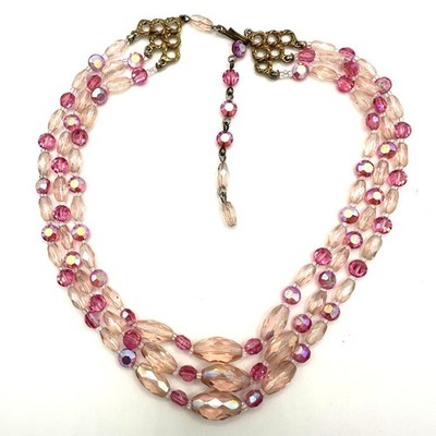 Vintage 3 triple multi strand pink AB aurora borealis glass beaded necklace