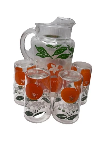 Vintage Orange Juice Set Anchor Hocking 5 Pc - 8” Pitcher & 4 Glasses