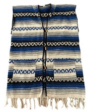 Vtg San Diego Mexican Blanket Vest Poncho Serape OS Blue Fringe Striped Pockets