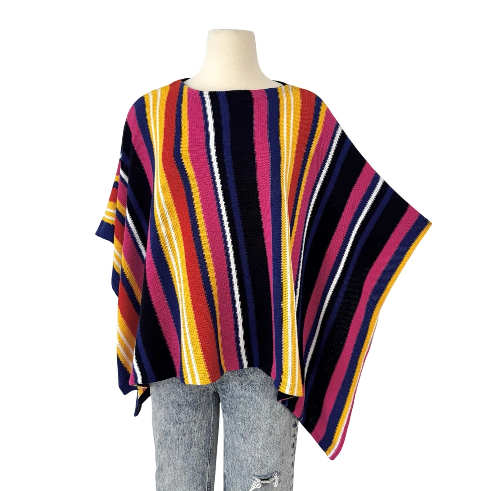 Lauren Ralph Lauren Linen Cotton Striped Knit Poncho Multicolor M/L Petite