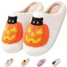 Halloween Pumpkin Slippers for Women Men Warm Cozy House Cartoon Shoes Fuzzy ...