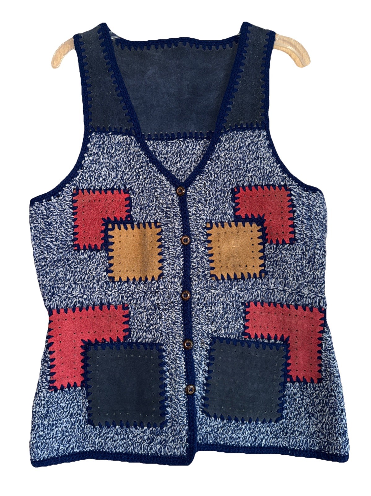 Vtg Handmade Patchwork Leather Vest Crochet Hippie Boho Western Women’s S/M