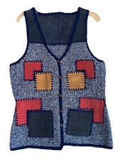 Vtg Handmade Patchwork Leather Vest Crochet Hippie Boho Western Women s S/M