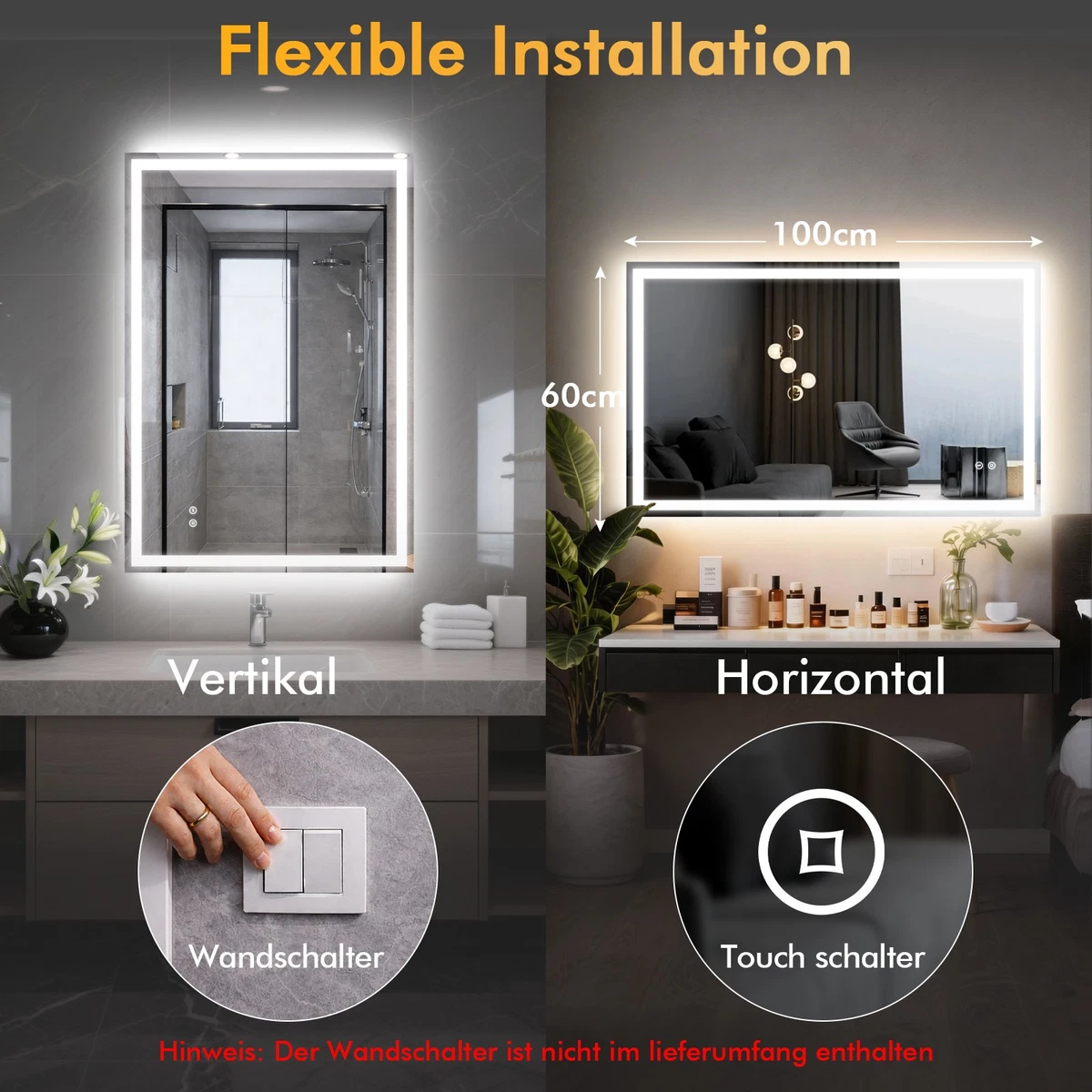 Badspiegel LED 100x60cm 3 Lichtfarben Dimmbar Wandmontage Touch-Schalter
