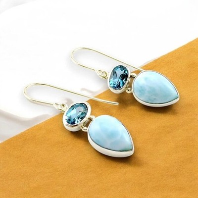 Larimar Blue Topaz Solid 925 Sterling Silver Beautiful Women Gift Earring, M1579