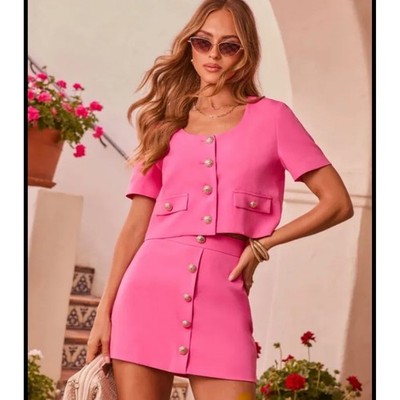 NWT Amanda Uprichard Pink Cropped Blazer Gold Button Scoop Neck Short Sleeve M
