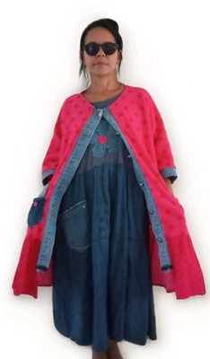 Boho Oversize Jeans & Fleece Jacke Upcycling Unique Upcycled Street Jacket | EU 