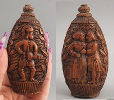 Antique Folk Art Hand-Carved Coquilla Nut Couple & Soldier Snuff Bottle