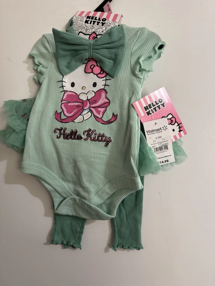 Conjunto de Skeggings Hello Kitty Infantil Niñas (3) PC NUEVO CON ETIQUETAS TALLA 12 Mo Verde Manga Corta  Foto 2 de 4