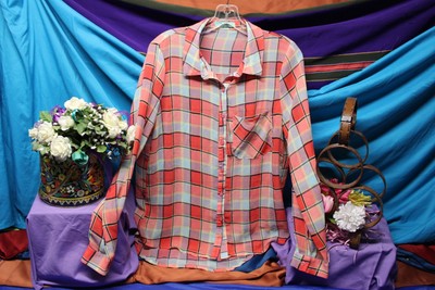 karlie Women's Red Blue Button Down Sheer Plaid Blouse Shirt Top  Size Medium