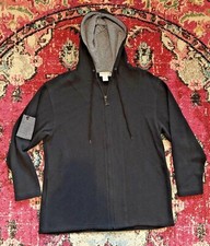 Womens Euro Joy Paris Milano Sz L Hooded Zip Up Ribbed Sweater Navy Blue Hq