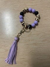 Purple Leopard Wooden  Silicone Beaded Wristlet Keychain With Tassel