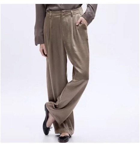 Pantalones de vestir Y2K Gap chocolate elástico satinado plisado pierna ancha tiro alto talla 10 - Imagen 1 de 8