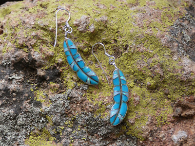 Feather Turquoise & Opal Sterling Silver 925 Gemstone Earrings Handcrafted D45