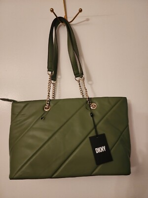 WOMEN'S DKNY QUILTED LEATHER OLIVE GREEN  WITH GOLD STRAP TOTE HANDBAG/ NEW 