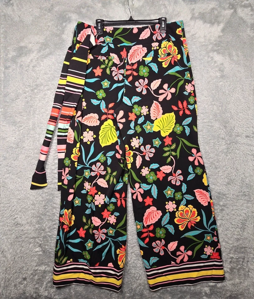New York Co Wide Leg Pants Womens XL Bright Floral on Black Waist Tie Accent - Image 3 of 4