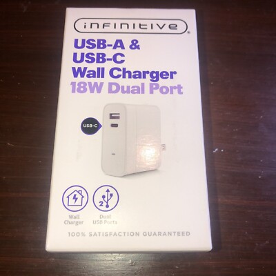 Infinitive USB-A & USB-C Wall Charger 18W Dual Port BRAND NEW IN BOX
