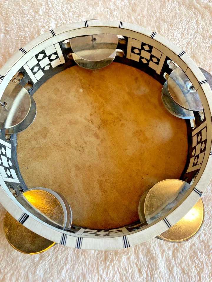 Banda musical vintage de madera de pandereta 291GM cubierta cuero genuino  Foto 4 de 4