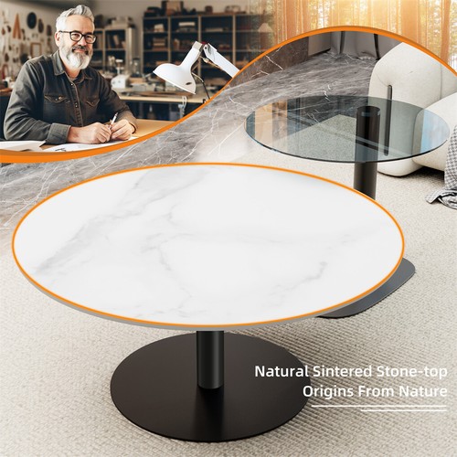 2x Modern Coffee Table Set Round Nesting Table Beech Wood/Sintered Stone + Glass - Picture 22 of 24