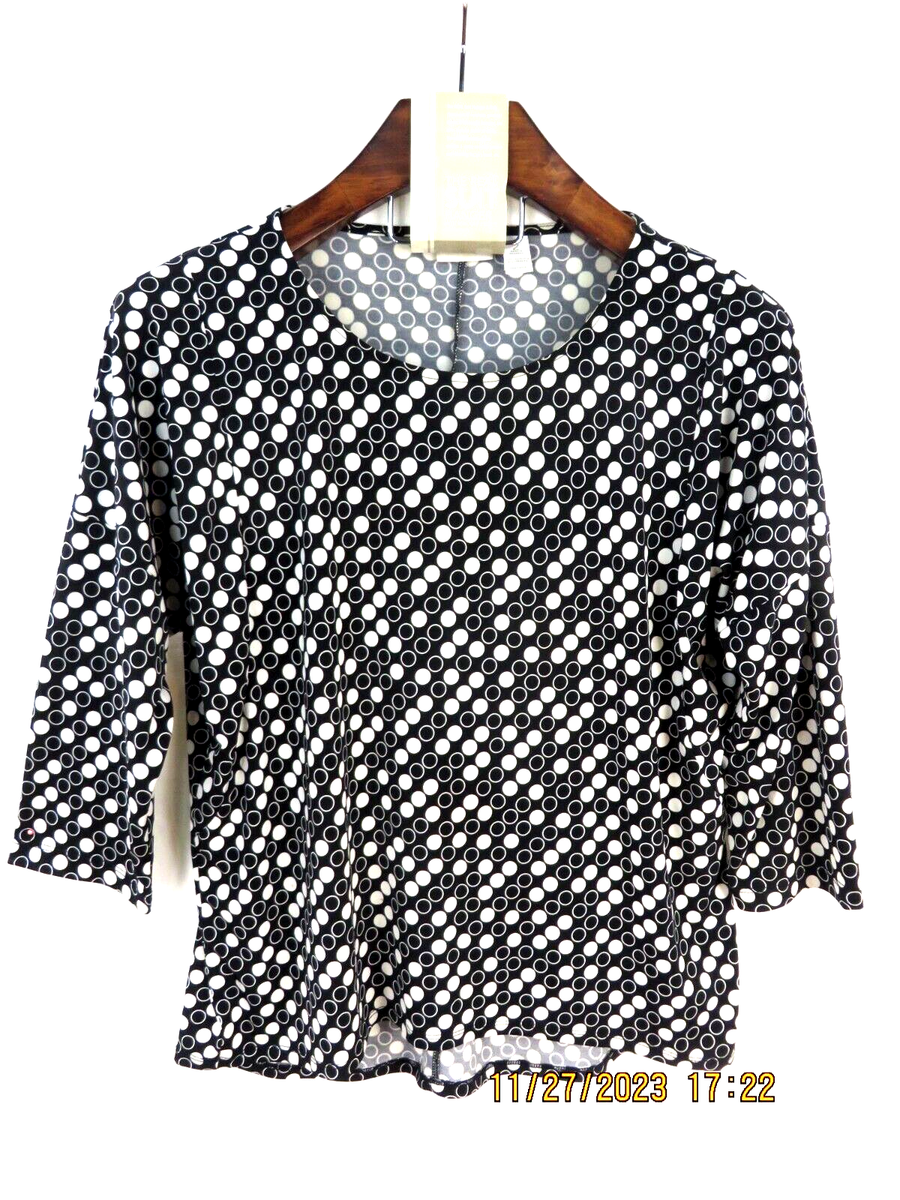 しょう⭐️ CHICO'S SZ 2 Black White Beige Hi-Low Stretchy Jersey-Knit Fabric