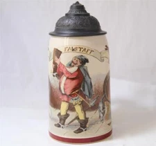 Antique Mettlach Villeroy&Boch Beer Stein #1909/983 PUG Falstaff w/Boot c.1896