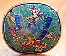 Vintage 1980s Cloisonne Belt Buckle Small Dainty Butterfly Flowers 1.5" Wide