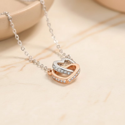 Double Heart Necklace | Rose Gold Interlocking Hearts | 925 Silver Heart Jewelry