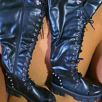 Akira Walkman-Black Women s Knee High Platform Lace-Up Studded Boots 7.5