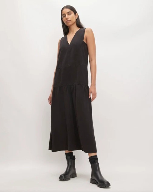 NWT Everlane The Tencel V-Neck Dress Size XS Black Drop Waist Midi