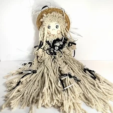 Vintage 29” Handmade Mop Doll Straw Hat Ribbon Lace Country Cottagecore Decor