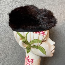 Vintage Genuine Mink Fur Hat Pillbox Dark Brown Satin Lining VTG